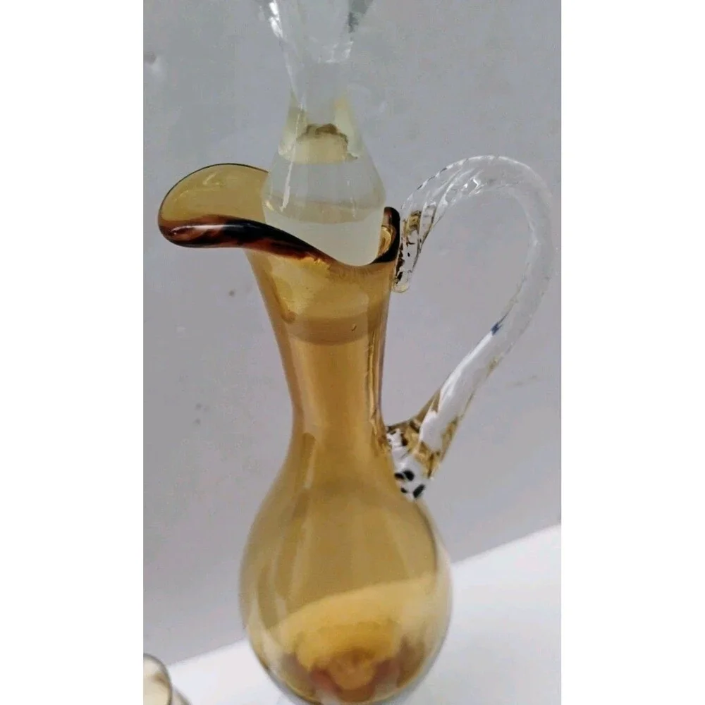 Vtg MCM Italian Murano Amber Blown Glass Decanter Twisted Stem 4 Cordial Set 15